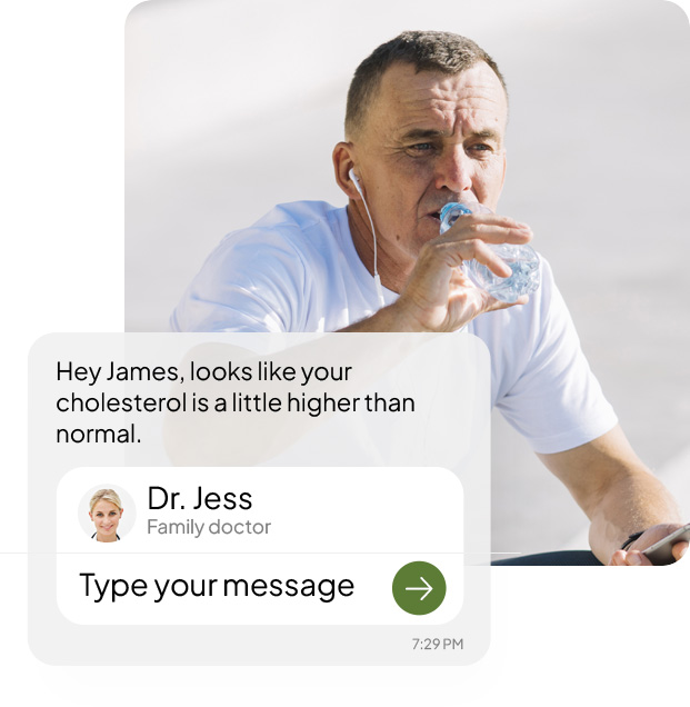 Dr. Jess sending James a message about higher-than-normal cholesterol levels.