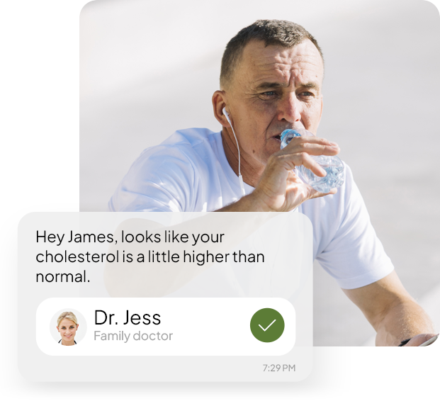 Dr. Jess sending James a message about higher-than-normal cholesterol levels.