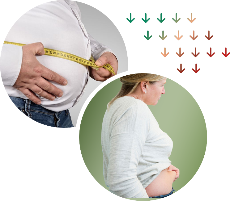 Overweight man measuring his waist with a tape measure. Overweight woman pinching skin on her belly, highlighting midsection fat.