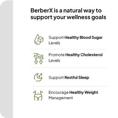 4 Benefits of BerberX: Prevent diabetes, optimize cholesterol, optimize sleep, support weight loss.