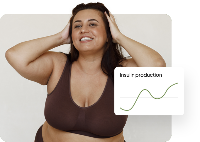 Confident overweight woman managing insulin and embracing a healthier lifestyle.