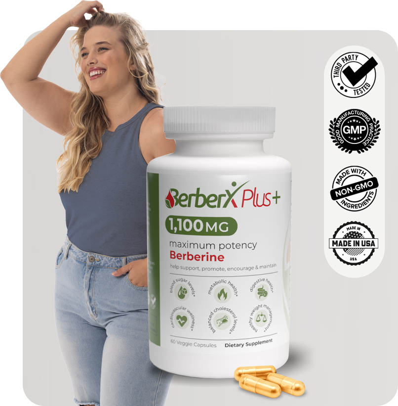 Woman smiling, celebrating weight loss and improved blood sugar with Berberxplus; bottle of Berberxplus Maximum Potency Berberine featured.