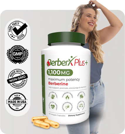 Woman smiling, celebrating weight loss and improved blood sugar with Berberxplus; bottle of Berberxplus Maximum Potency Berberine featured.