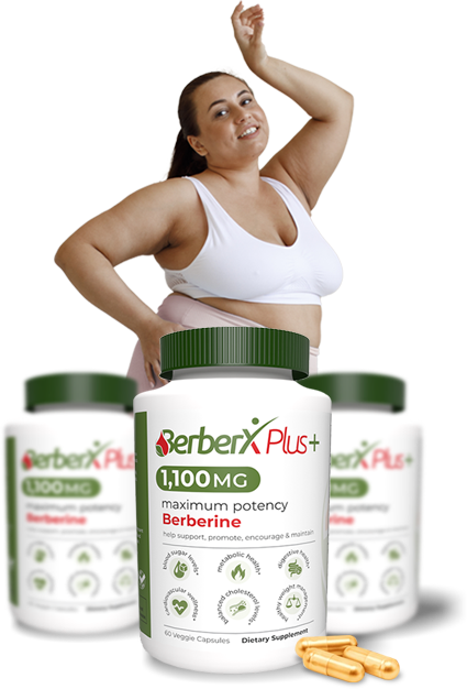 Overweight woman with belly fat and BerberX bottle as a natural solution.