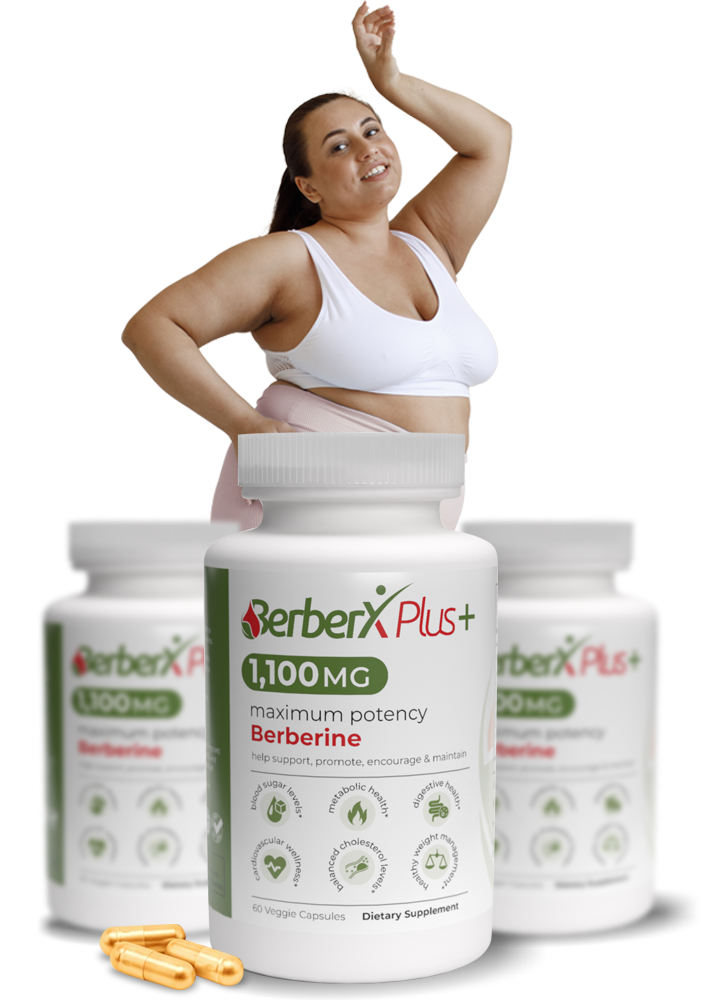 Overweight woman with belly fat and BerberX bottle as a natural solution.